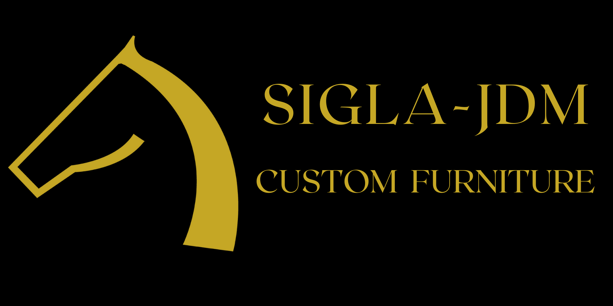 Sigla-JDM Custom Furniture logo featuring a gold horse head silhouette and text on a black background.